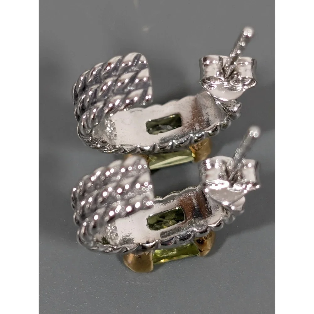 Silver‎ Tone Cable Huggie Hoop Earrings Green CZ Accent Pierced Designer Style